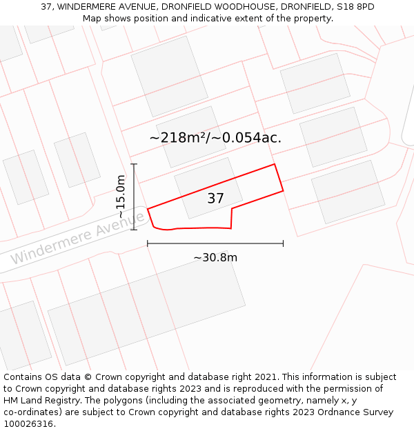 37, WINDERMERE AVENUE, DRONFIELD WOODHOUSE, DRONFIELD, S18 8PD: Plot and title map