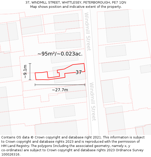 37, WINDMILL STREET, WHITTLESEY, PETERBOROUGH, PE7 1QN: Plot and title map