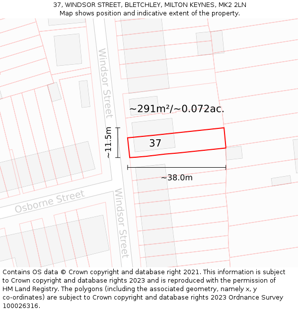 37, WINDSOR STREET, BLETCHLEY, MILTON KEYNES, MK2 2LN: Plot and title map