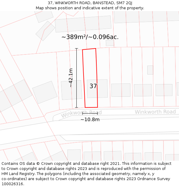 37, WINKWORTH ROAD, BANSTEAD, SM7 2QJ: Plot and title map