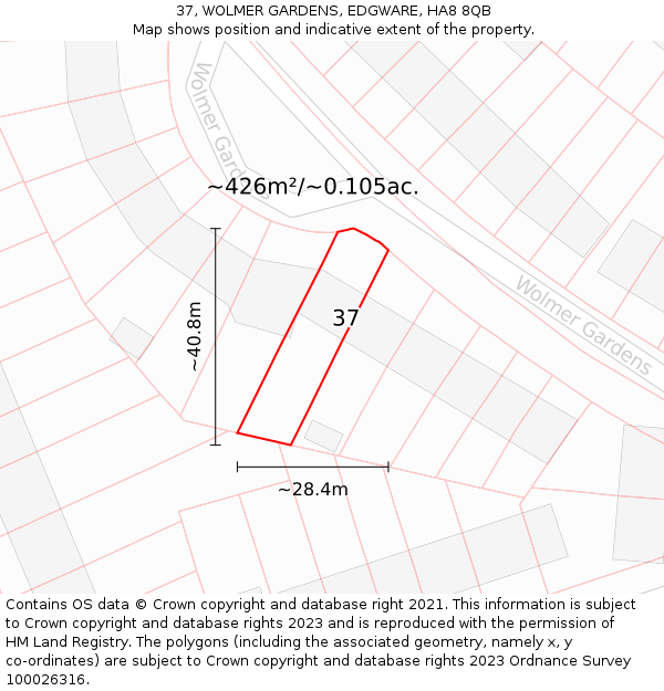 37, WOLMER GARDENS, EDGWARE, HA8 8QB: Plot and title map