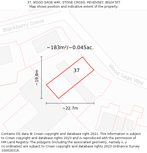 37, WOOD SAGE WAY, STONE CROSS, PEVENSEY, BN24 5FT: Plot and title map