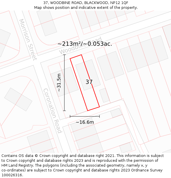 37, WOODBINE ROAD, BLACKWOOD, NP12 1QF: Plot and title map