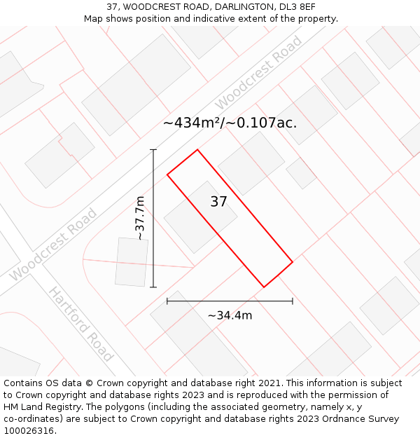 37, WOODCREST ROAD, DARLINGTON, DL3 8EF: Plot and title map