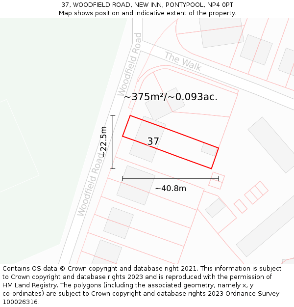 37, WOODFIELD ROAD, NEW INN, PONTYPOOL, NP4 0PT: Plot and title map