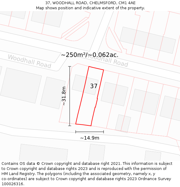 37, WOODHALL ROAD, CHELMSFORD, CM1 4AE: Plot and title map