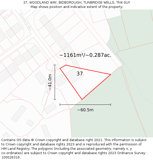 37, WOODLAND WAY, BIDBOROUGH, TUNBRIDGE WELLS, TN4 0UY: Plot and title map