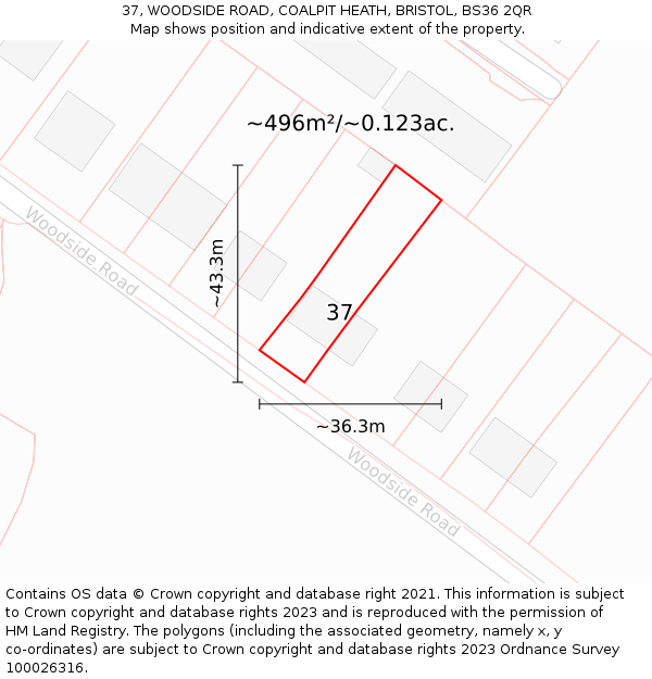 37, WOODSIDE ROAD, COALPIT HEATH, BRISTOL, BS36 2QR: Plot and title map