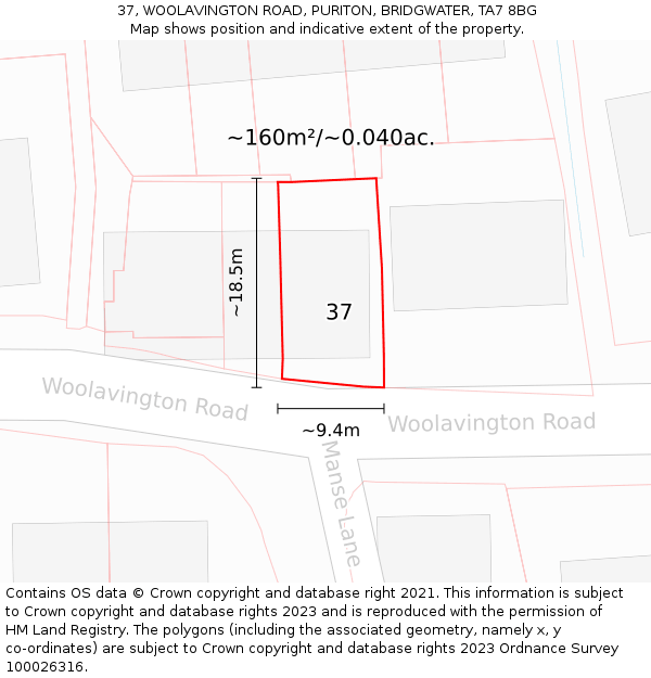 37, WOOLAVINGTON ROAD, PURITON, BRIDGWATER, TA7 8BG: Plot and title map