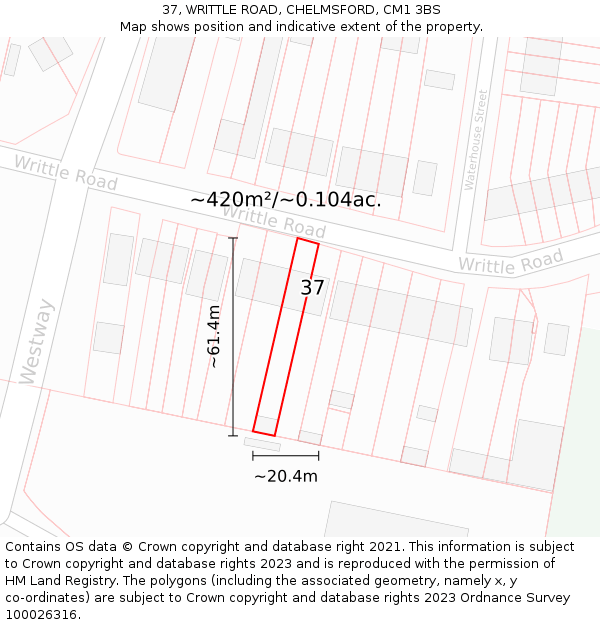 37, WRITTLE ROAD, CHELMSFORD, CM1 3BS: Plot and title map