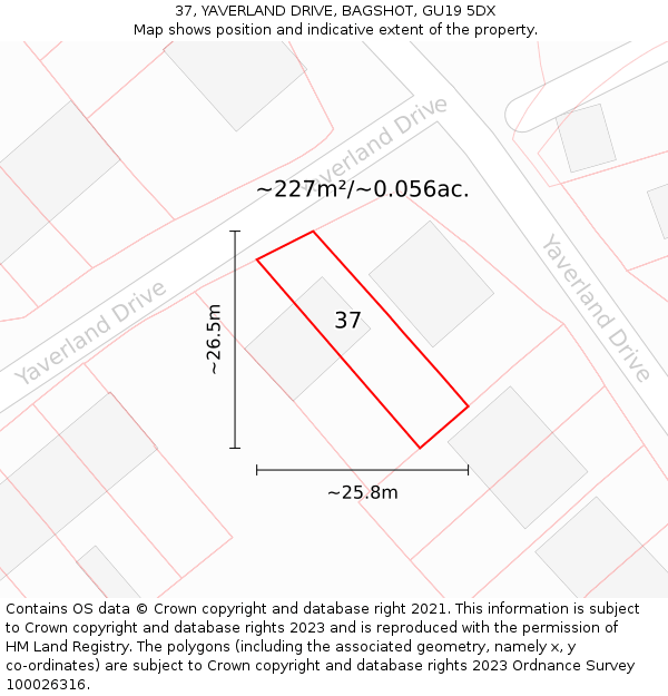 37, YAVERLAND DRIVE, BAGSHOT, GU19 5DX: Plot and title map