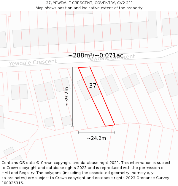 37, YEWDALE CRESCENT, COVENTRY, CV2 2FF: Plot and title map