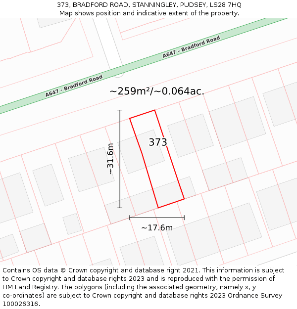 373, BRADFORD ROAD, STANNINGLEY, PUDSEY, LS28 7HQ: Plot and title map