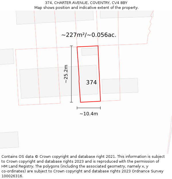 374, CHARTER AVENUE, COVENTRY, CV4 8BY: Plot and title map
