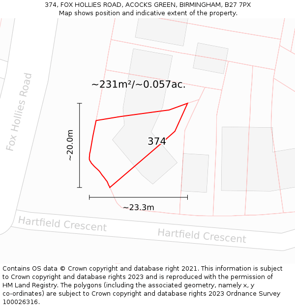 374, FOX HOLLIES ROAD, ACOCKS GREEN, BIRMINGHAM, B27 7PX: Plot and title map