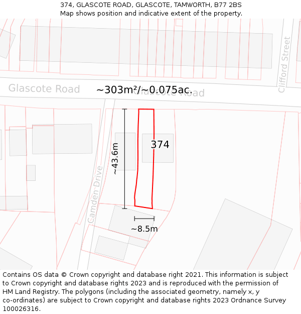 374, GLASCOTE ROAD, GLASCOTE, TAMWORTH, B77 2BS: Plot and title map