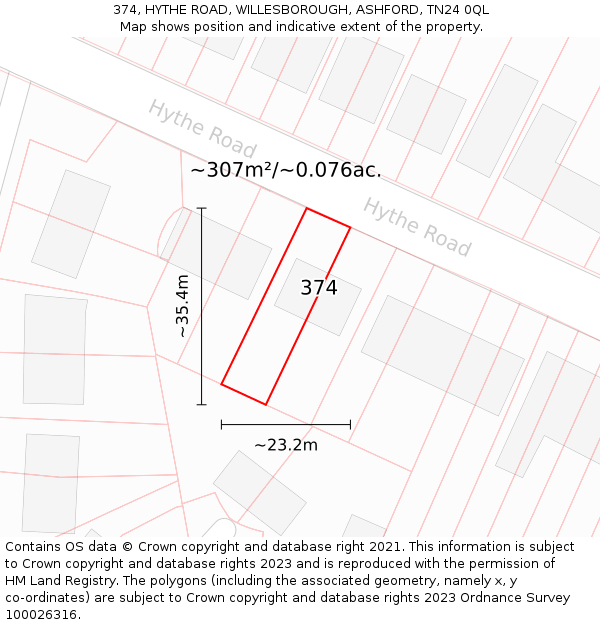 374, HYTHE ROAD, WILLESBOROUGH, ASHFORD, TN24 0QL: Plot and title map