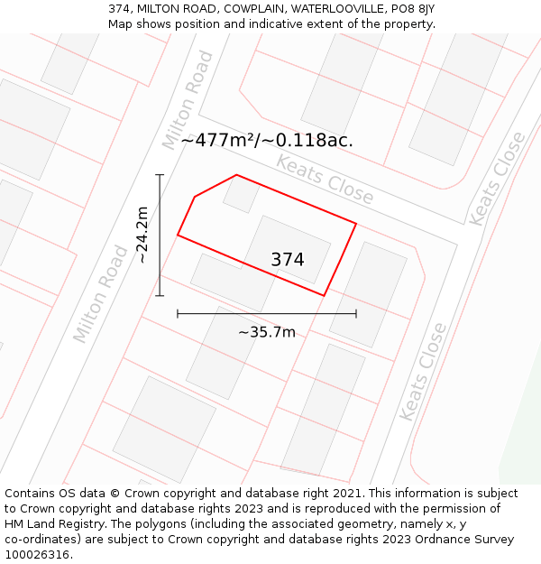 374, MILTON ROAD, COWPLAIN, WATERLOOVILLE, PO8 8JY: Plot and title map