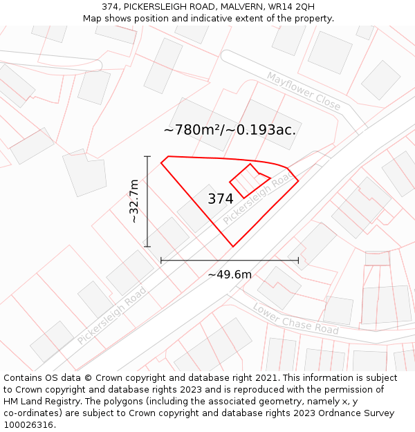 374, PICKERSLEIGH ROAD, MALVERN, WR14 2QH: Plot and title map