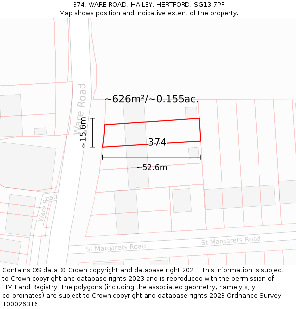 374, WARE ROAD, HAILEY, HERTFORD, SG13 7PF: Plot and title map