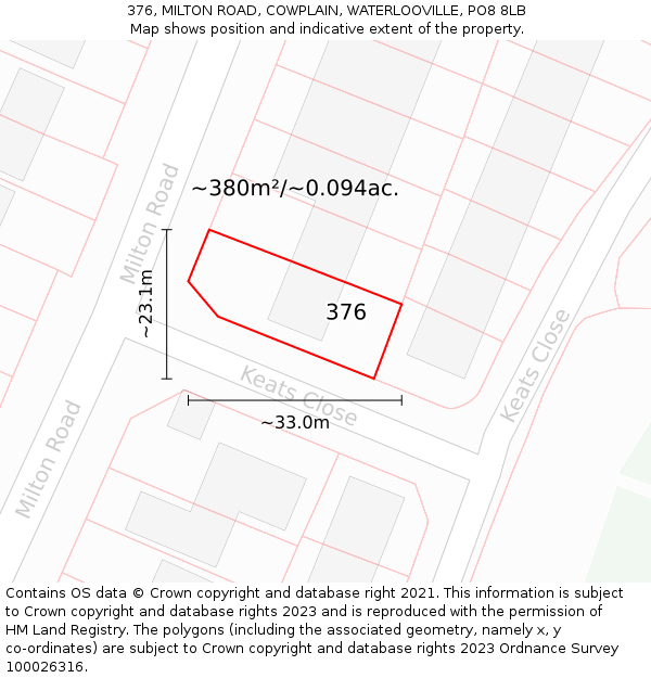 376, MILTON ROAD, COWPLAIN, WATERLOOVILLE, PO8 8LB: Plot and title map