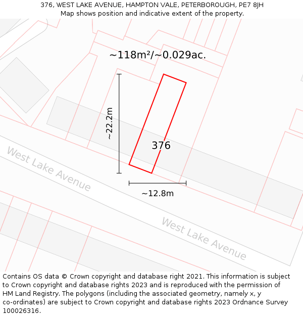 376, WEST LAKE AVENUE, HAMPTON VALE, PETERBOROUGH, PE7 8JH: Plot and title map