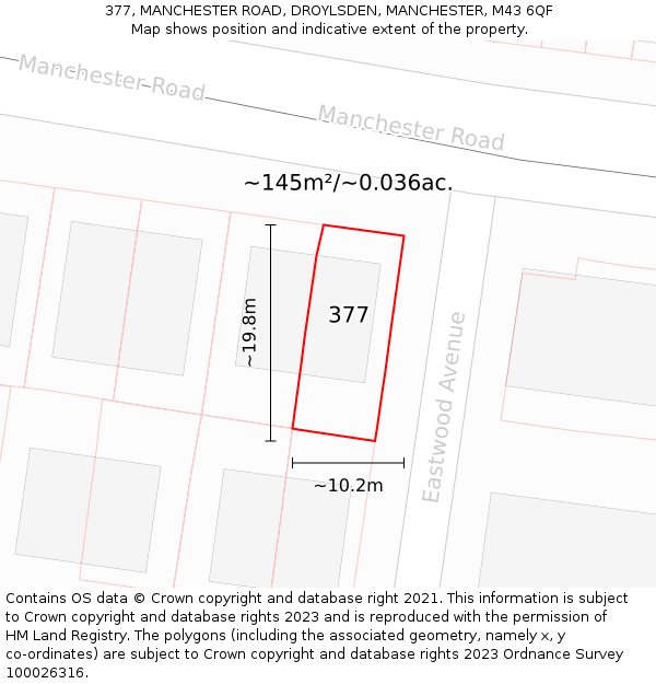 377, MANCHESTER ROAD, DROYLSDEN, MANCHESTER, M43 6QF: Plot and title map