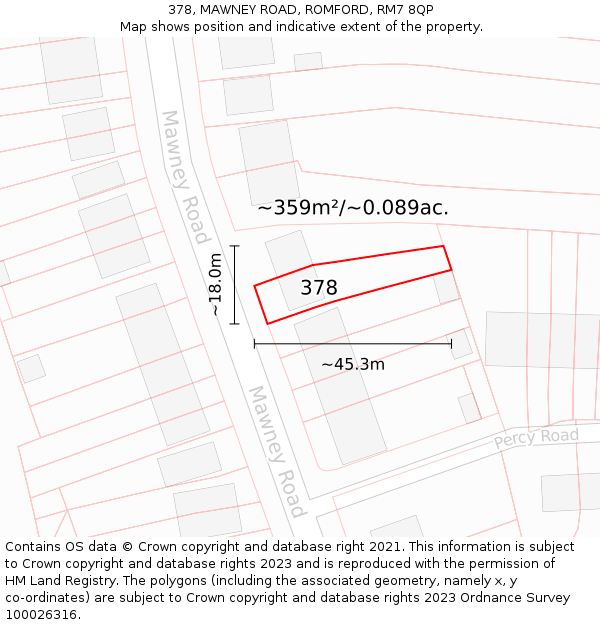 378, MAWNEY ROAD, ROMFORD, RM7 8QP: Plot and title map