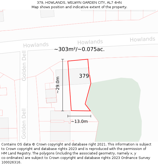 379, HOWLANDS, WELWYN GARDEN CITY, AL7 4HN: Plot and title map