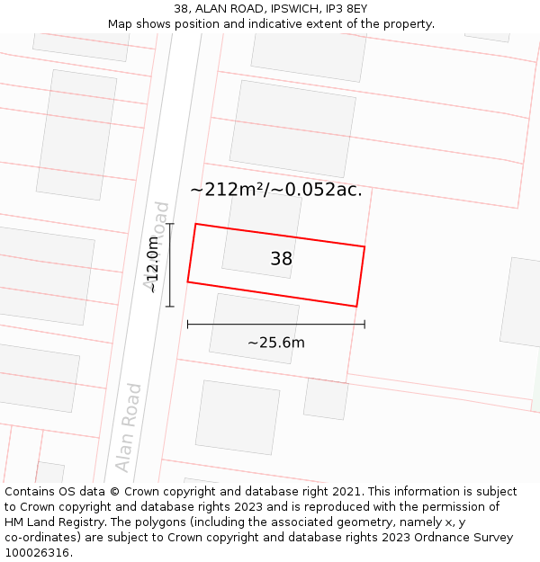 38, ALAN ROAD, IPSWICH, IP3 8EY: Plot and title map