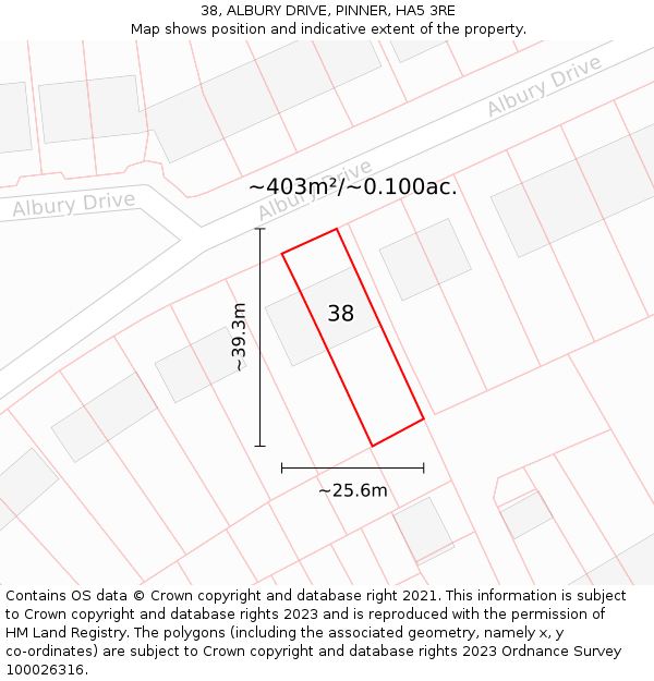 38, ALBURY DRIVE, PINNER, HA5 3RE: Plot and title map