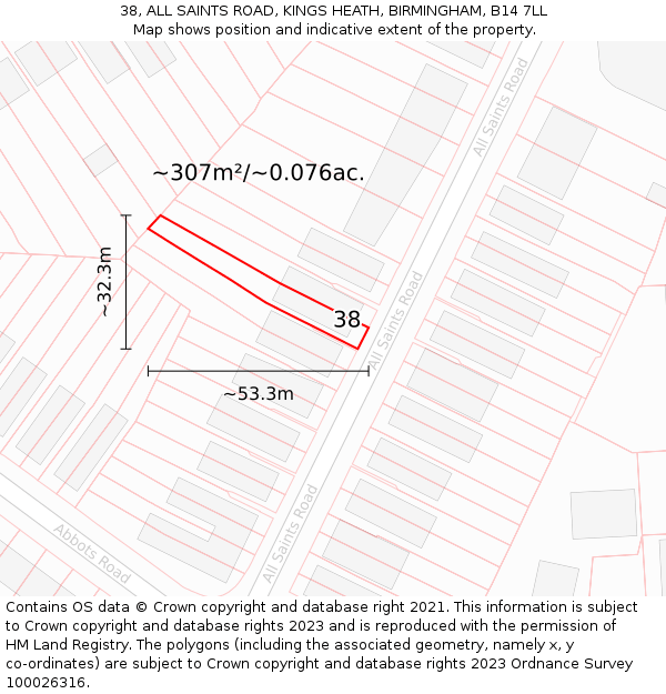 38, ALL SAINTS ROAD, KINGS HEATH, BIRMINGHAM, B14 7LL: Plot and title map