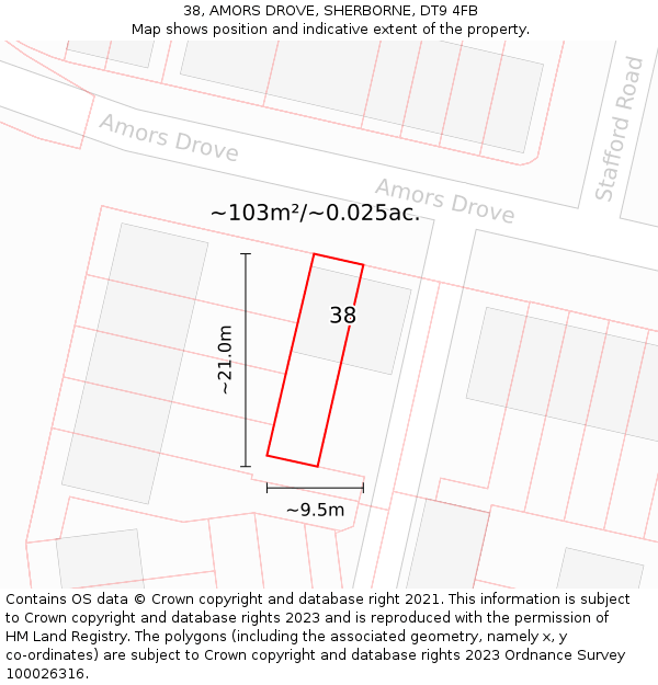 38, AMORS DROVE, SHERBORNE, DT9 4FB: Plot and title map