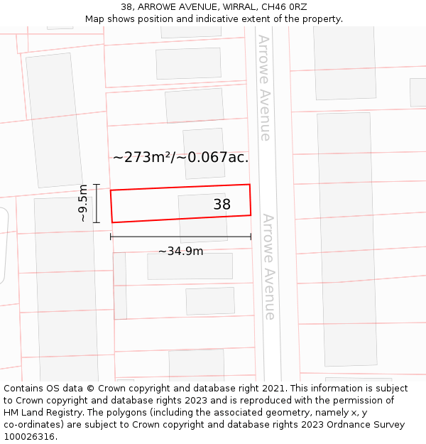 38, ARROWE AVENUE, WIRRAL, CH46 0RZ: Plot and title map