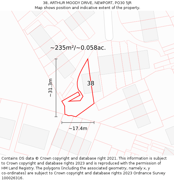 38, ARTHUR MOODY DRIVE, NEWPORT, PO30 5JR: Plot and title map