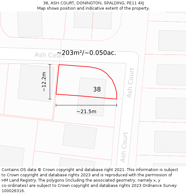 38, ASH COURT, DONINGTON, SPALDING, PE11 4XJ: Plot and title map