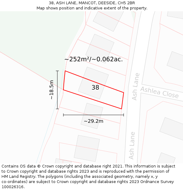 38, ASH LANE, MANCOT, DEESIDE, CH5 2BR: Plot and title map