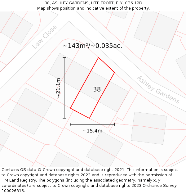 38, ASHLEY GARDENS, LITTLEPORT, ELY, CB6 1PD: Plot and title map