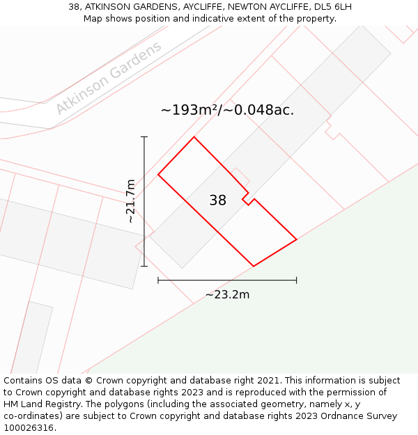 38, ATKINSON GARDENS, AYCLIFFE, NEWTON AYCLIFFE, DL5 6LH: Plot and title map