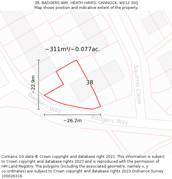 38, BADGERS WAY, HEATH HAYES, CANNOCK, WS12 3XQ: Plot and title map