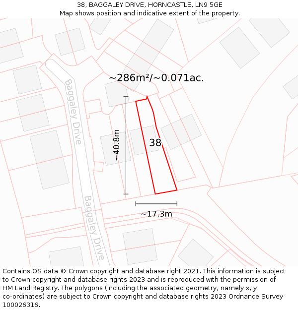 38, BAGGALEY DRIVE, HORNCASTLE, LN9 5GE: Plot and title map