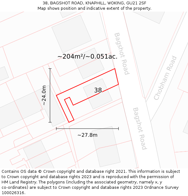 38, BAGSHOT ROAD, KNAPHILL, WOKING, GU21 2SF: Plot and title map