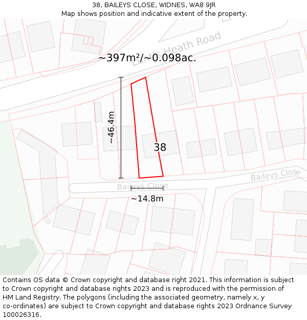 38, BAILEYS CLOSE, WIDNES, WA8 9JR: Plot and title map