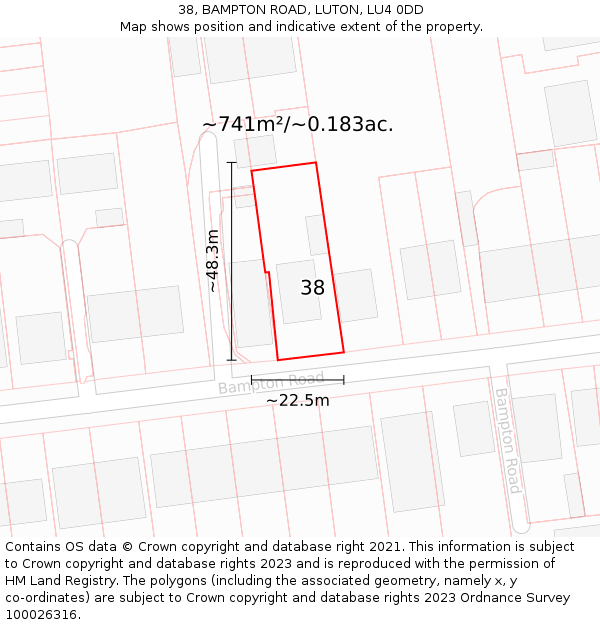 38, BAMPTON ROAD, LUTON, LU4 0DD: Plot and title map