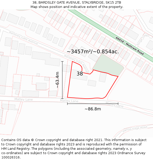 38, BARDSLEY GATE AVENUE, STALYBRIDGE, SK15 2TB: Plot and title map