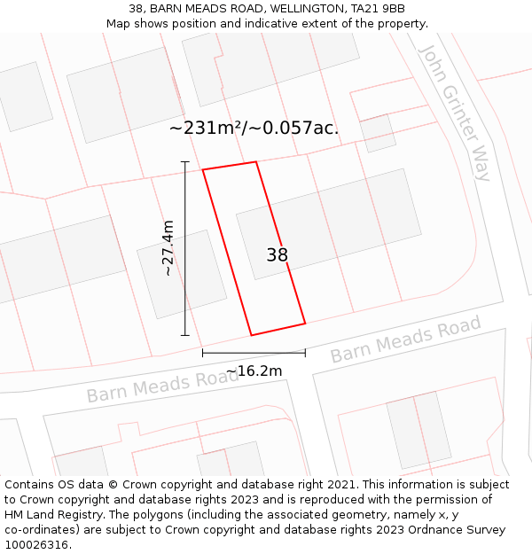 38, BARN MEADS ROAD, WELLINGTON, TA21 9BB: Plot and title map