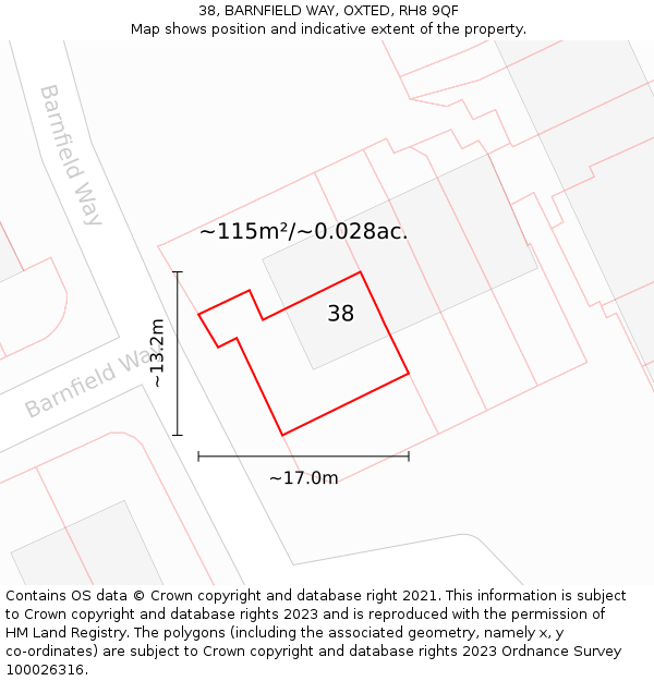 38, BARNFIELD WAY, OXTED, RH8 9QF: Plot and title map