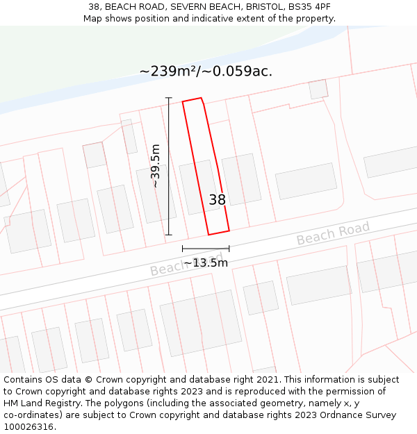 38, BEACH ROAD, SEVERN BEACH, BRISTOL, BS35 4PF: Plot and title map