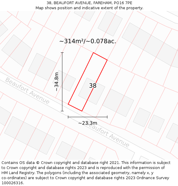 38, BEAUFORT AVENUE, FAREHAM, PO16 7PE: Plot and title map