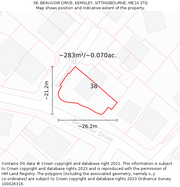 38, BEAUVOIR DRIVE, KEMSLEY, SITTINGBOURNE, ME10 2TQ: Plot and title map